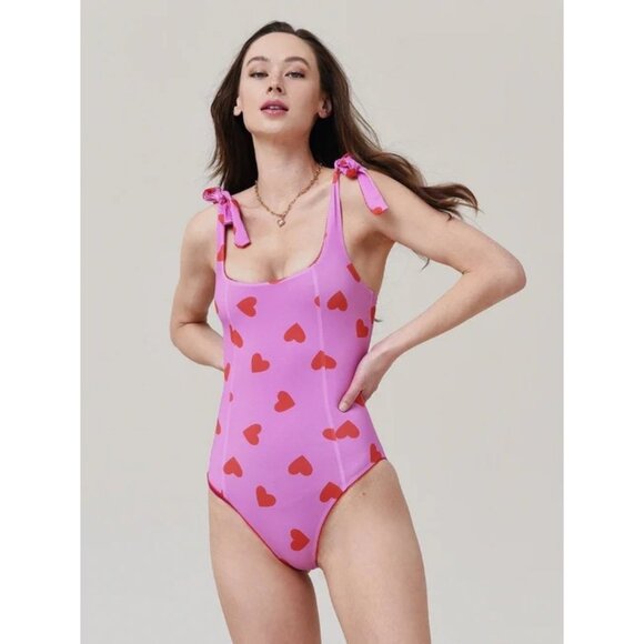 Beach Riot Sydney Valentine's Pink Heart Print Swimsuit Size L - Picture 1 of 7